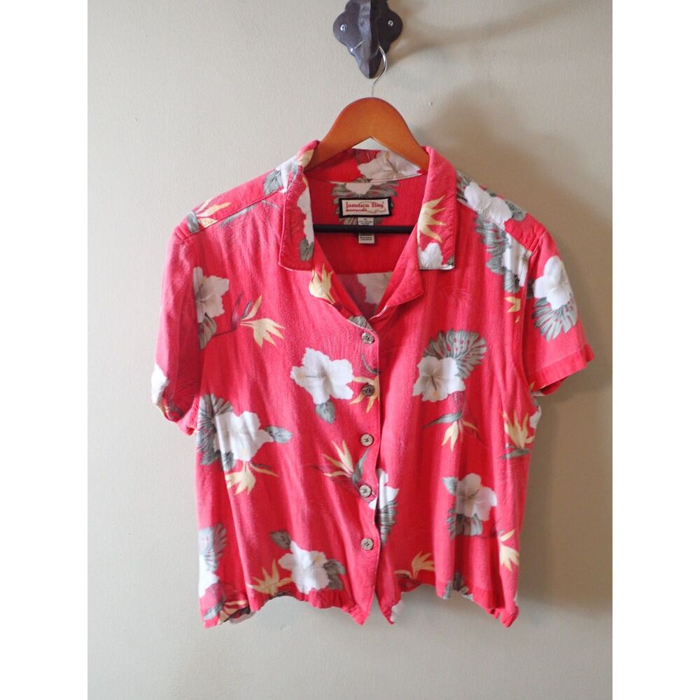 Jamaica Bay Red Flower Button Up Shirt Crop Top XL Island Beach Wear